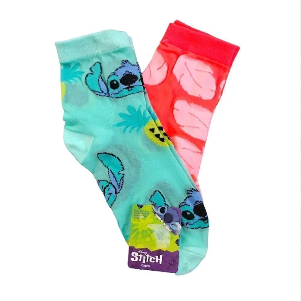 Disney Neon Stitch Prints 2 Pairs Nylon Mid Crew Capri Socks NWT